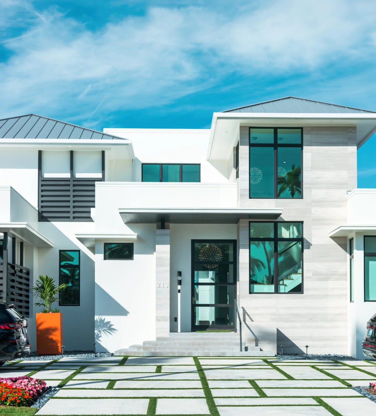 Modern white house with large windows