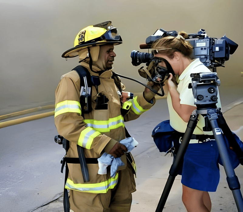Firefighter and reporter in conversation outdoors.