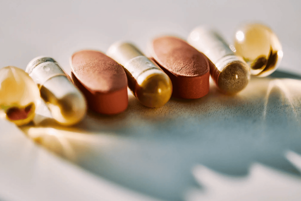Various capsules and tablets on a surface.